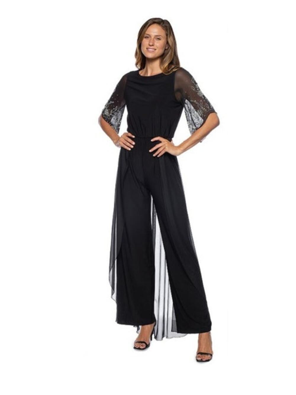 Marina Beaded Elbow Sleeve Jumpsuit Womens Size: 10, Black